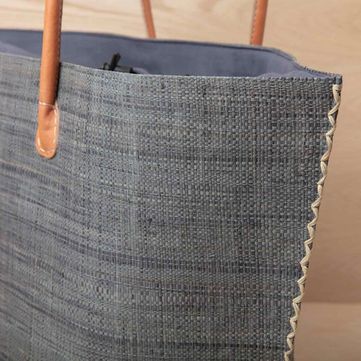 Raffia Grey Tote with Leather Handle Raffia Tote - rockflowerpaper