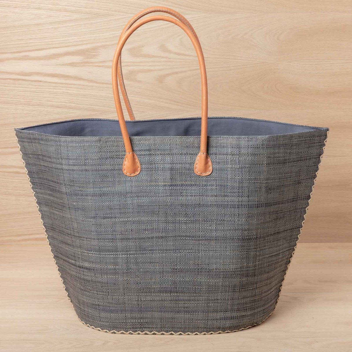 Raffia Grey Tote with Leather Handle Raffia Tote - rockflowerpaper