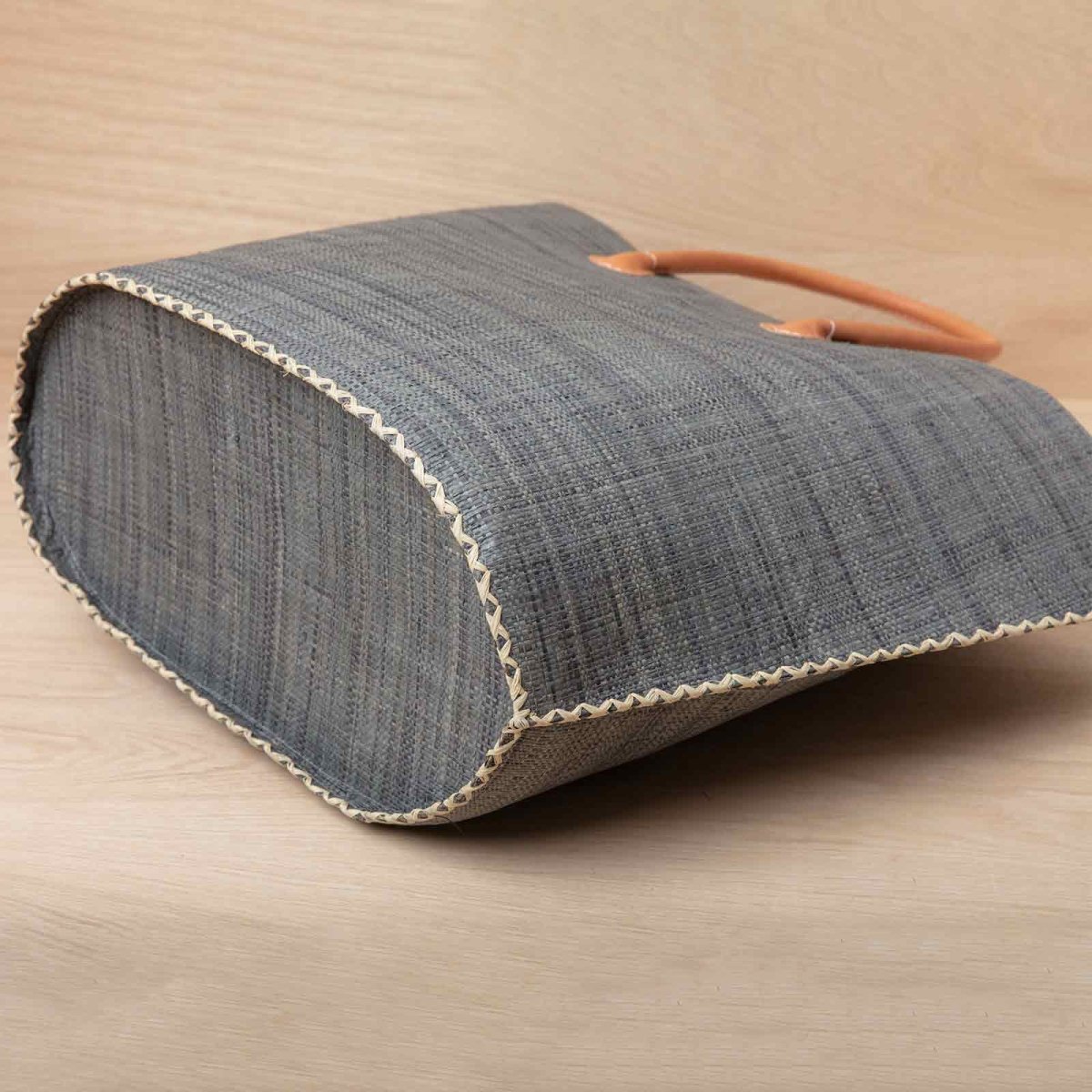 Raffia Grey Tote with Leather Handle Raffia Tote - rockflowerpaper
