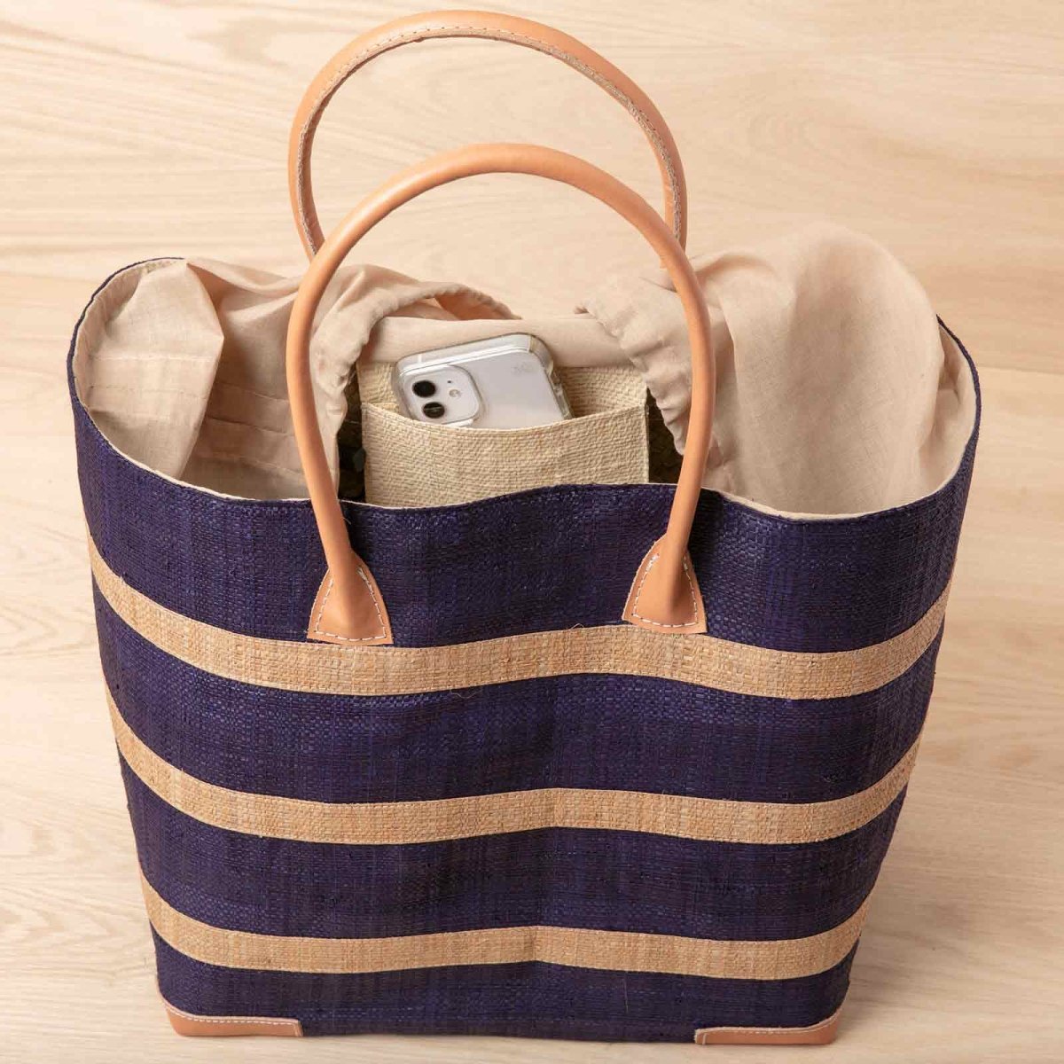 Raffia Navy Beach Stripe Tote with Leather Handle Raffia Tote - rockflowerpaper