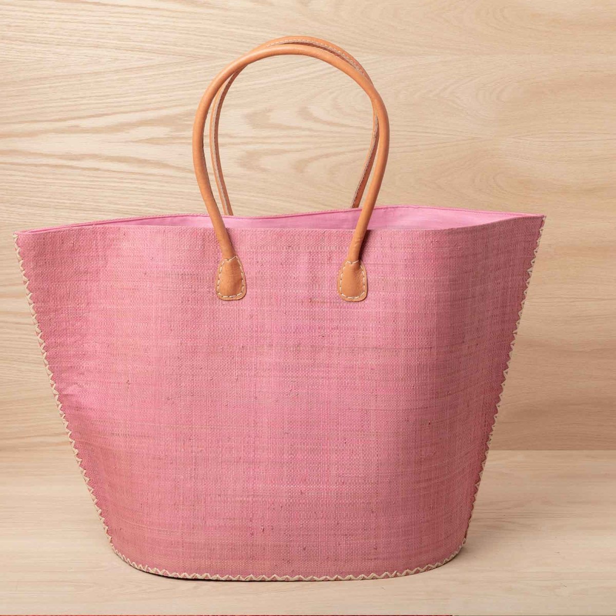 Raffia Pink Tote with Leather Handle Raffia Tote - rockflowerpaper