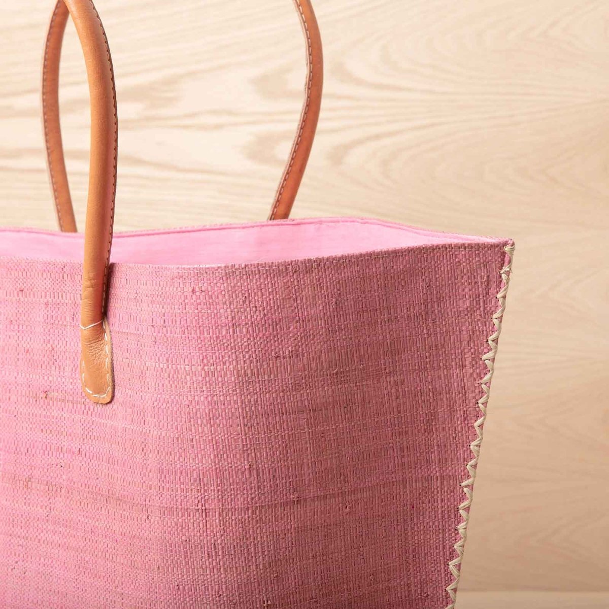 Raffia Pink Tote with Leather Handle Raffia Tote - rockflowerpaper