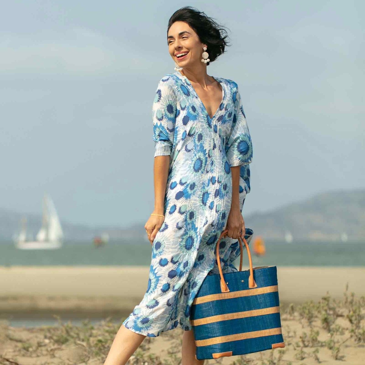 Raffia Turquoise Beach Stripe Tote with Leather Handle Raffia Tote - rockflowerpaper