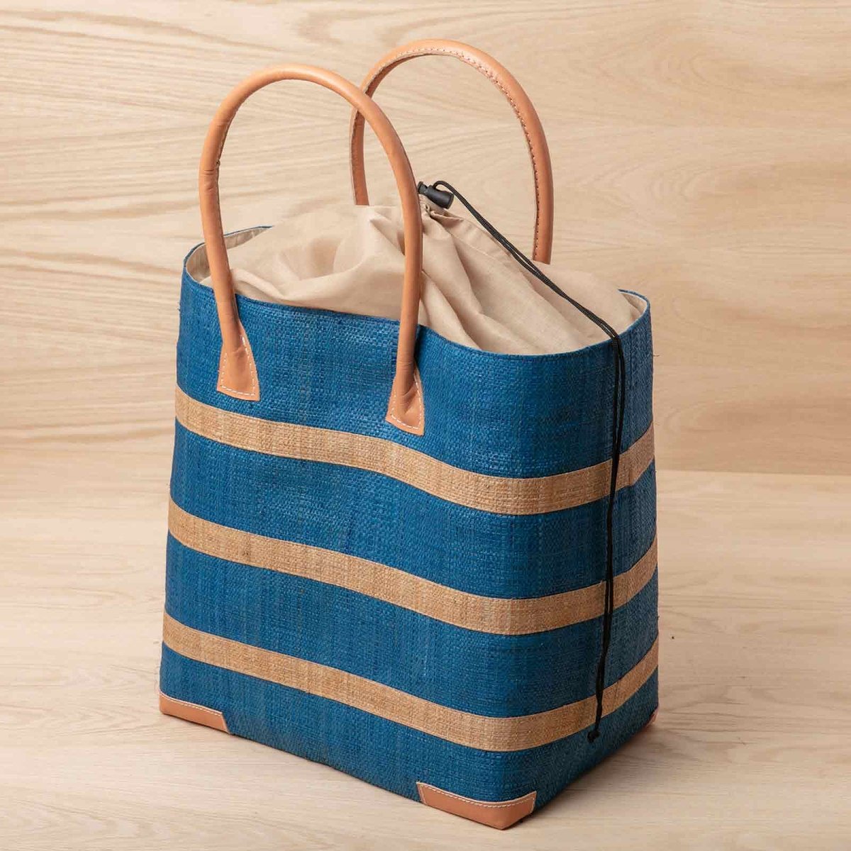 Raffia Turquoise Beach Stripe Tote with Leather Handle Raffia Tote - rockflowerpaper