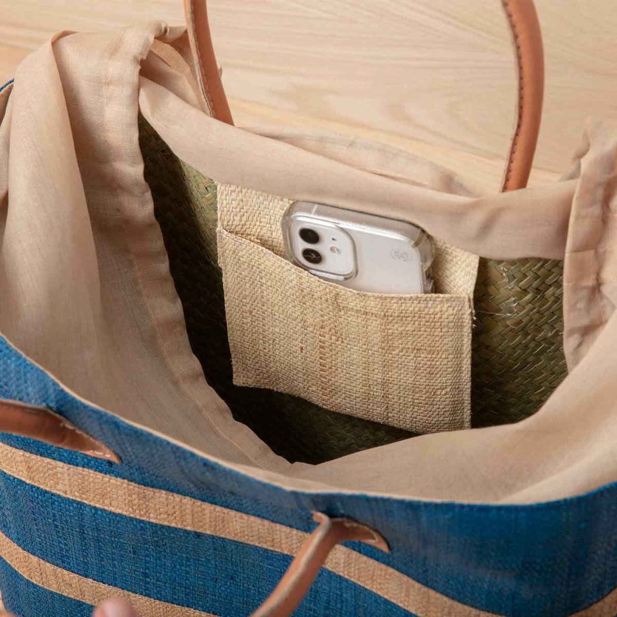 Raffia Turquoise Beach Stripe Tote with Leather Handle Raffia Tote - rockflowerpaper