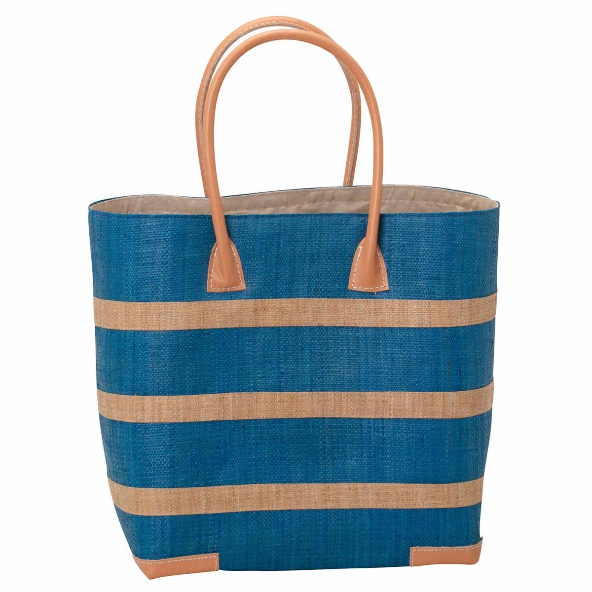 Raffia Turquoise Beach Stripe Tote with Leather Handle Raffia Tote - rockflowerpaper