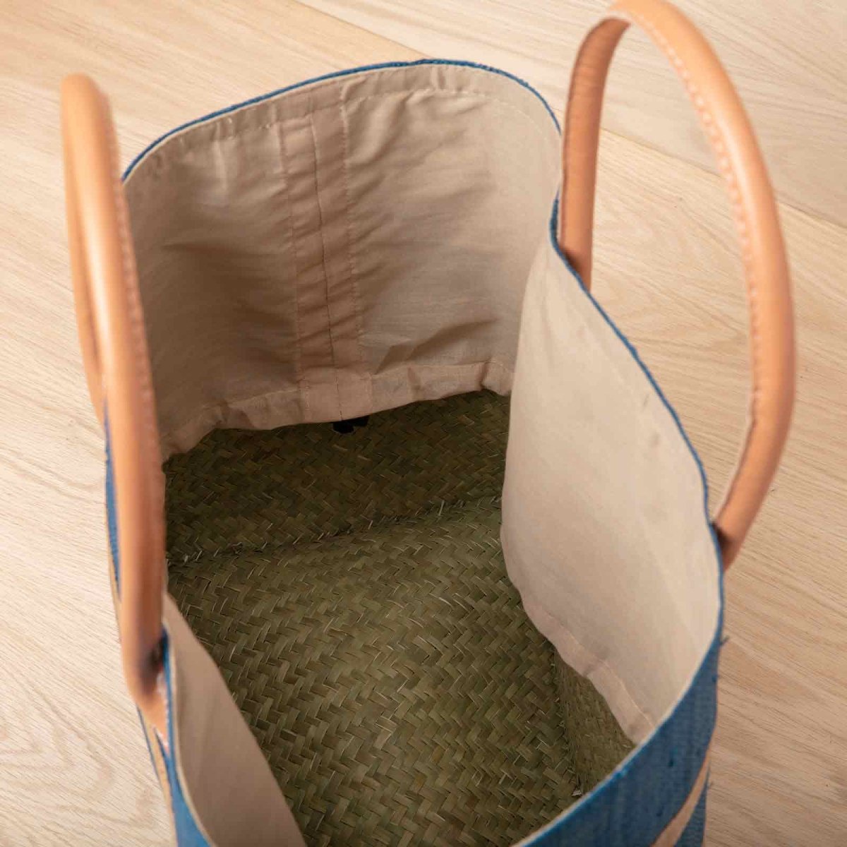 Raffia Turquoise Beach Stripe Tote with Leather Handle Raffia Tote - rockflowerpaper