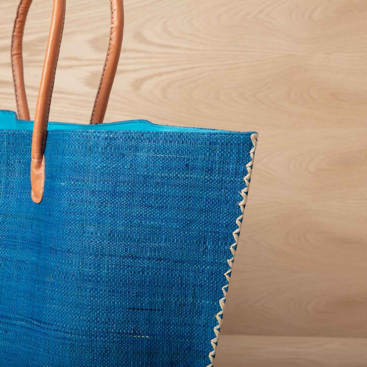 Raffia Turquoise Tote with Leather Handle Raffia Tote - rockflowerpaper