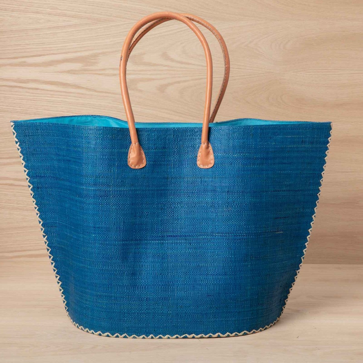 Raffia Turquoise Tote with Leather Handle Raffia Tote - rockflowerpaper