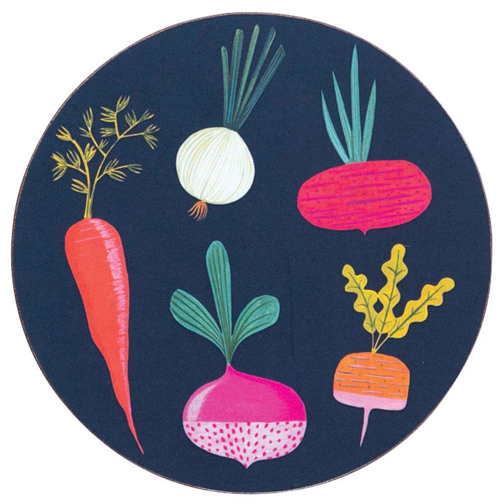 Root Veggies Blue Round Art Coasters - Set Of Four Coaster - rockflowerpaper