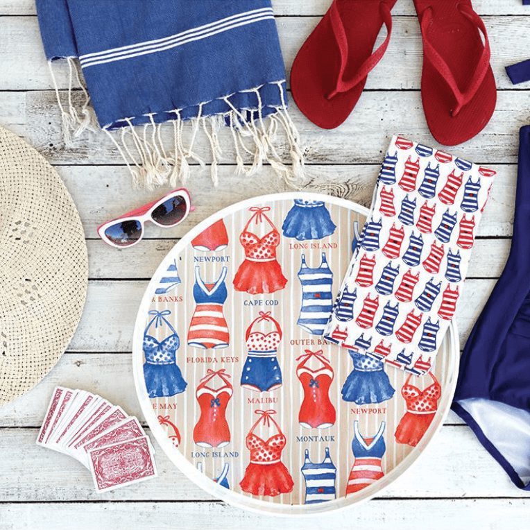 red, white, and blue serving tray, kitchen towel, and beach towel for 4th of July party decor ideas