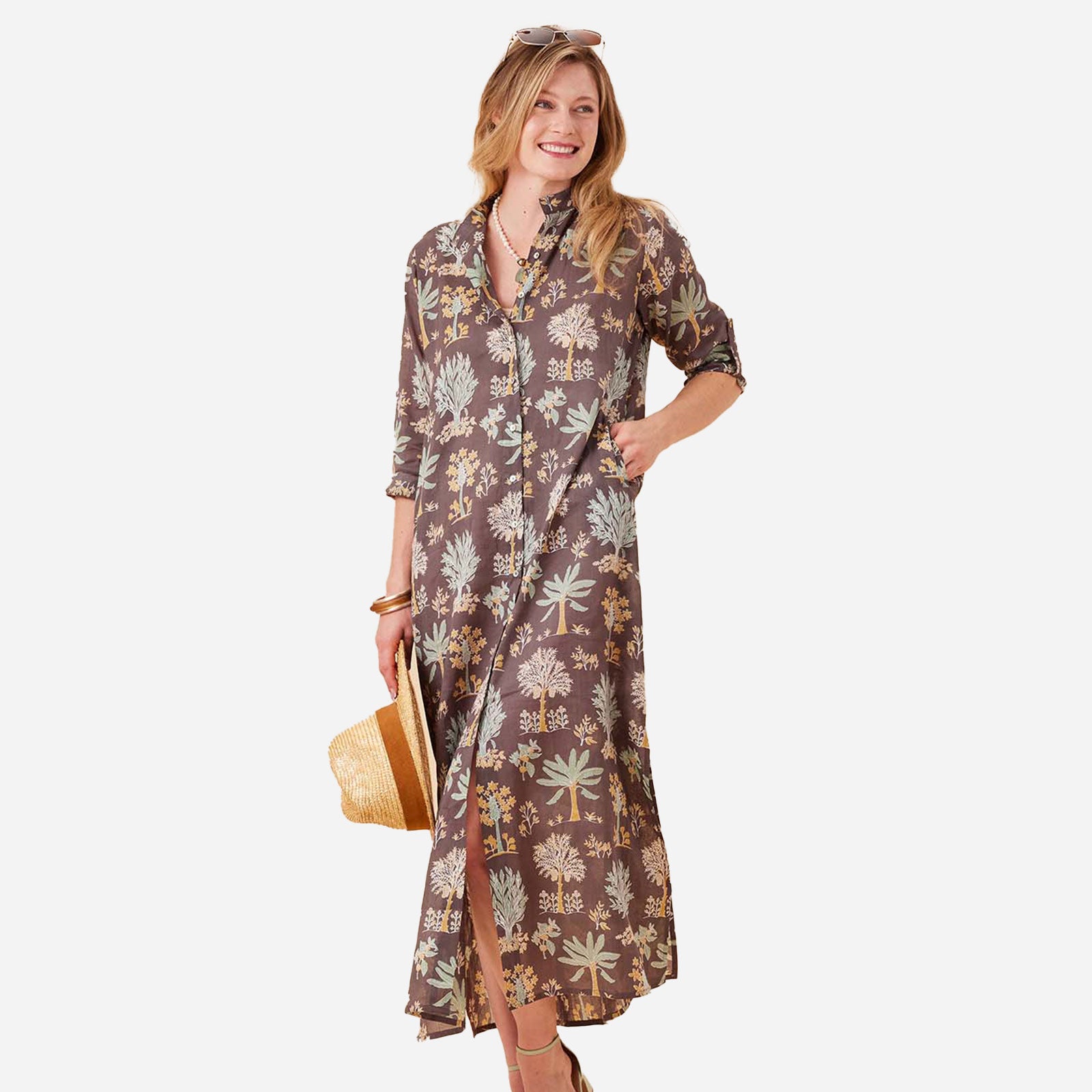 Island Grey Palm Cotton Long Shirt Dress