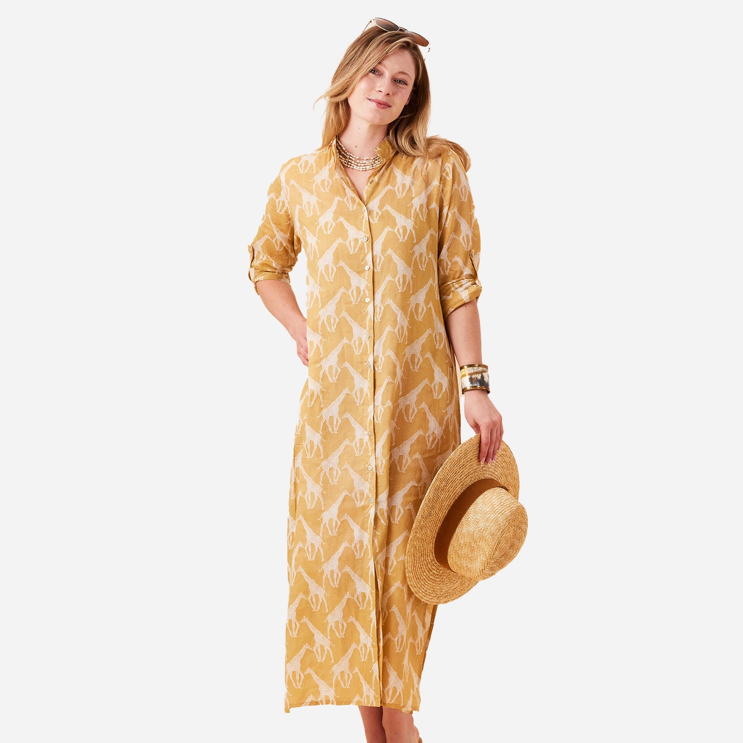 Giraffe Tan Cotton Long Shirt Dress