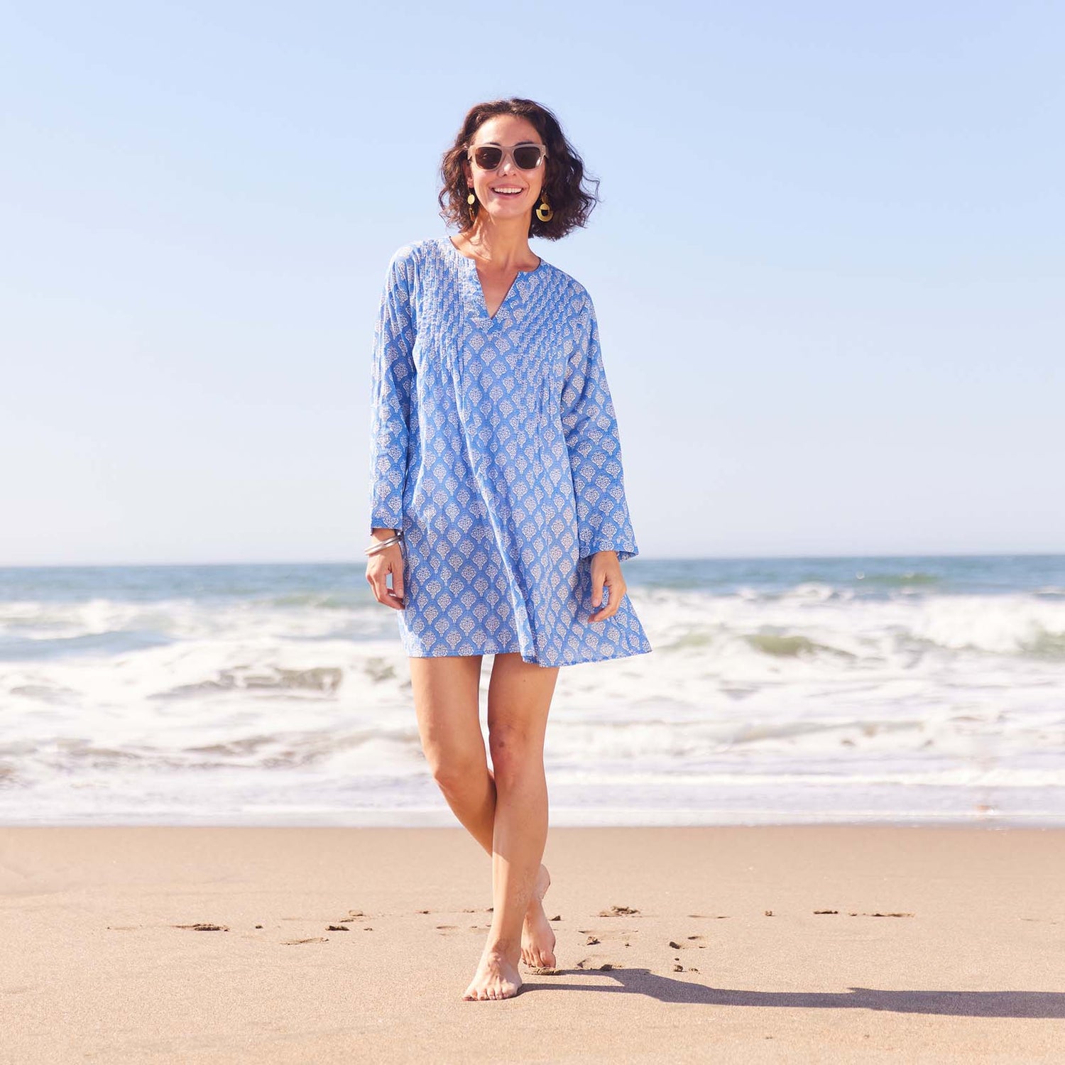 Fifer Blue blu Cotton Pintuck Beach Coverup Swim Cover Up - rockflowerpaper