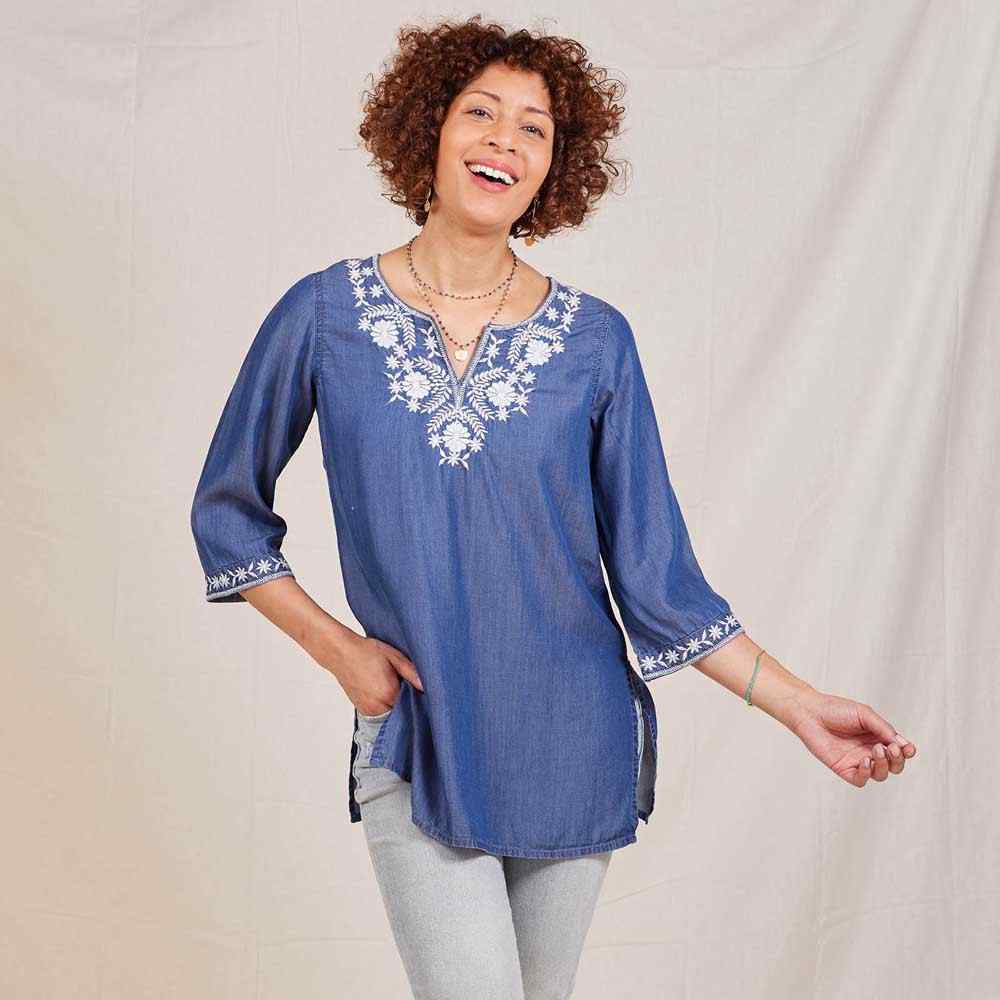Chambray Top with Floral Embroidered Neckline Embroidered Tunic - rockflowerpaper