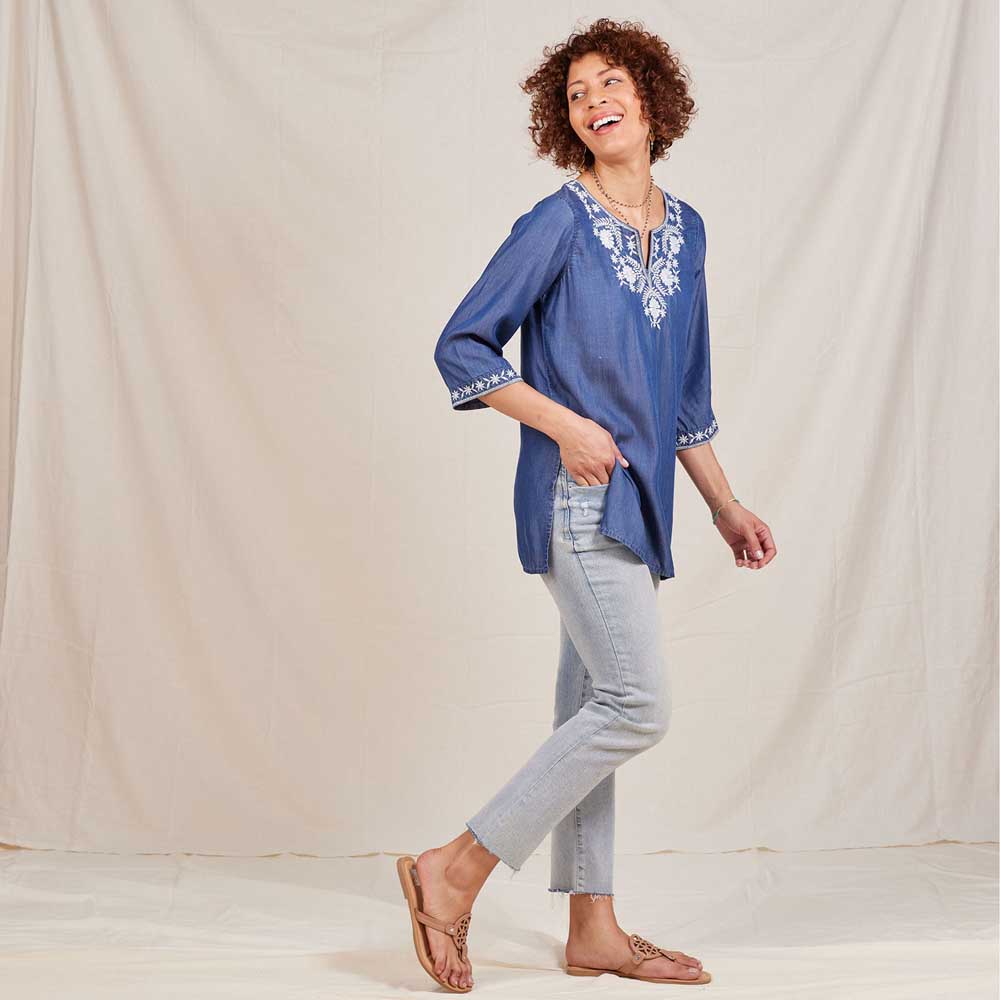 Chambray Top with Floral Embroidered Neckline Embroidered Tunic - rockflowerpaper