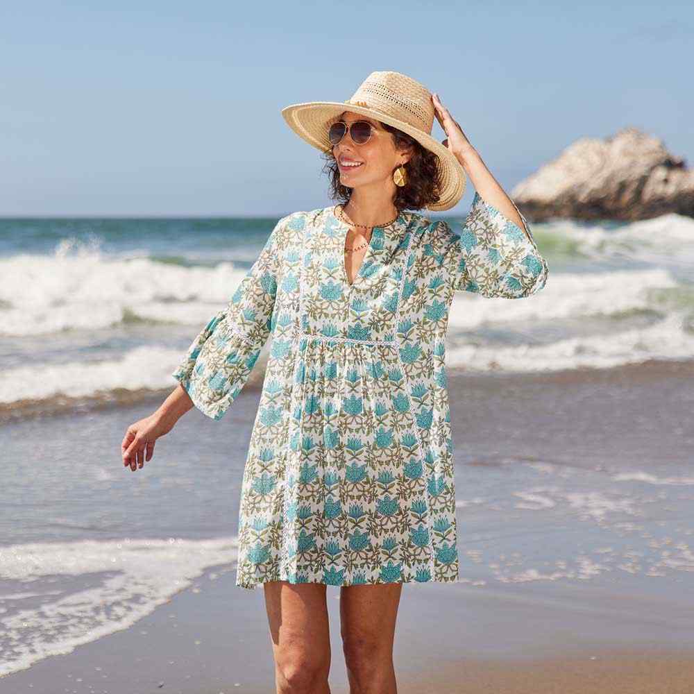 Blue Island Beach Cover up Tunic Dress Womens Size S Floral Print