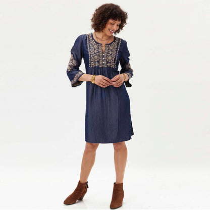 Denim Tencel Dress with Tan Embroidery Dress - rockflowerpaper