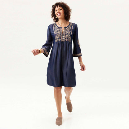 Denim Tencel Dress with Tan Embroidery Dress - rockflowerpaper