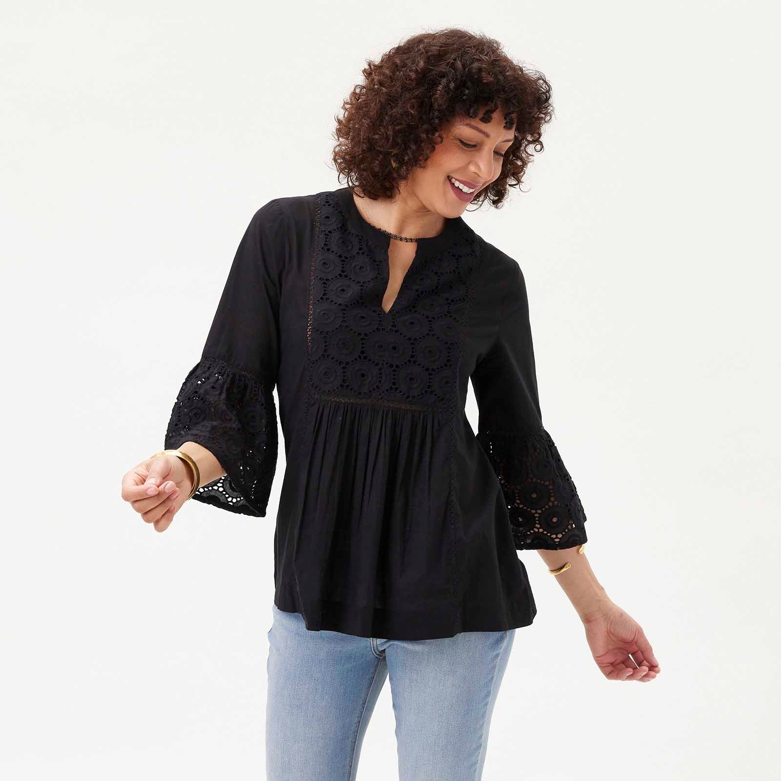 Black Eyelet Tunic with Bell Sleeve Tunic - rockflowerpaper