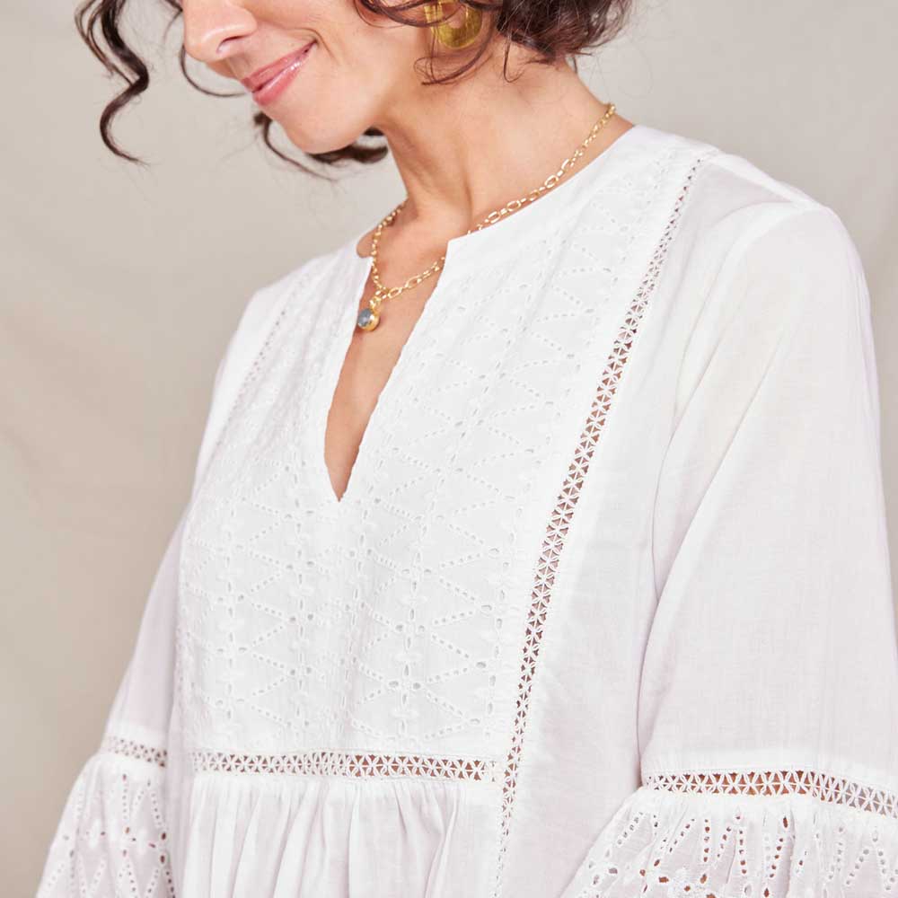 Melony White Eyelet Tunic with Bell Sleeve Tunic - rockflowerpaper