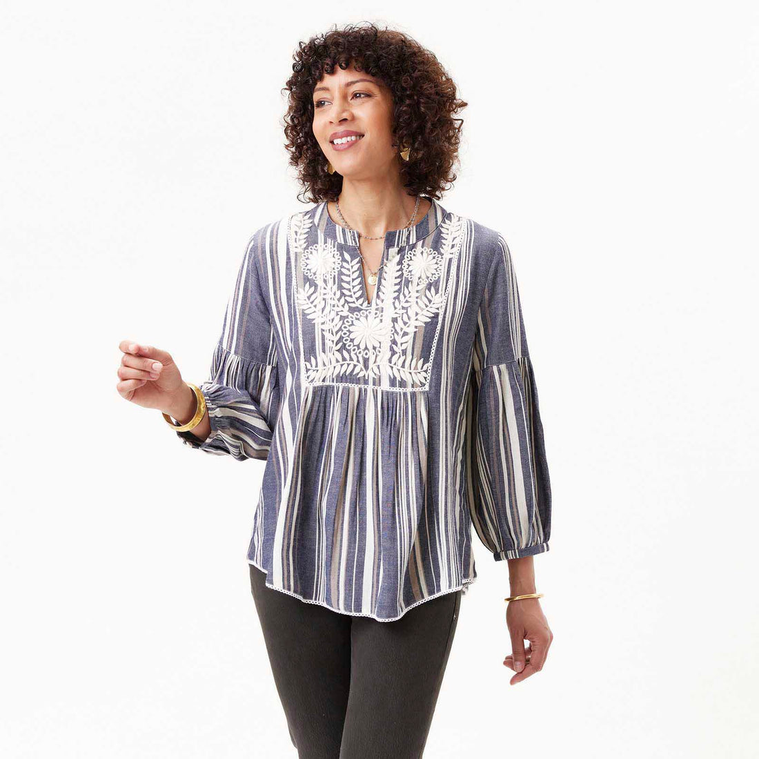 Embroidered Flattering Tunic with Woven Multi Stripe Embroidered Tunic - rockflowerpaper
