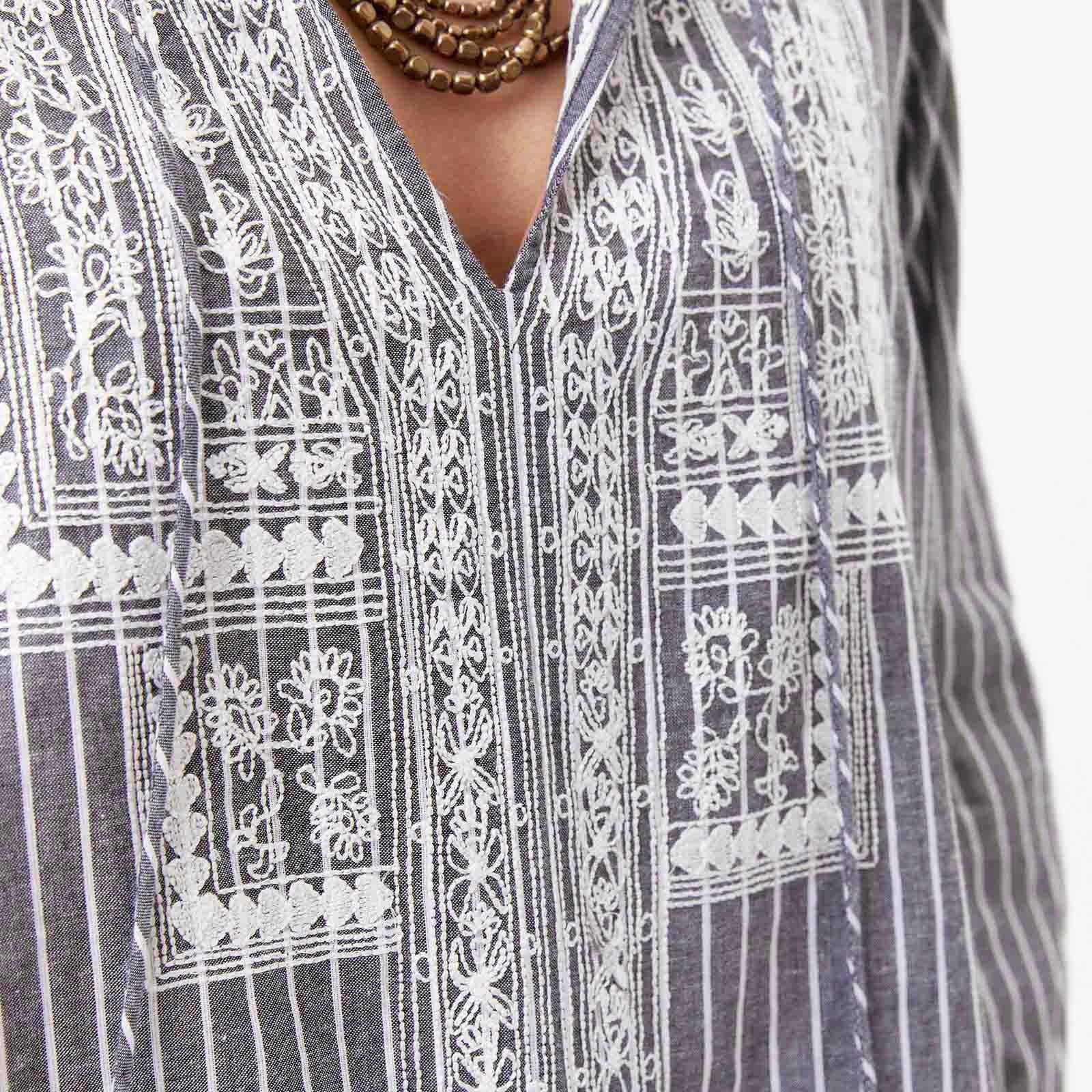 Grey and White Stripe Embroidered Tunic