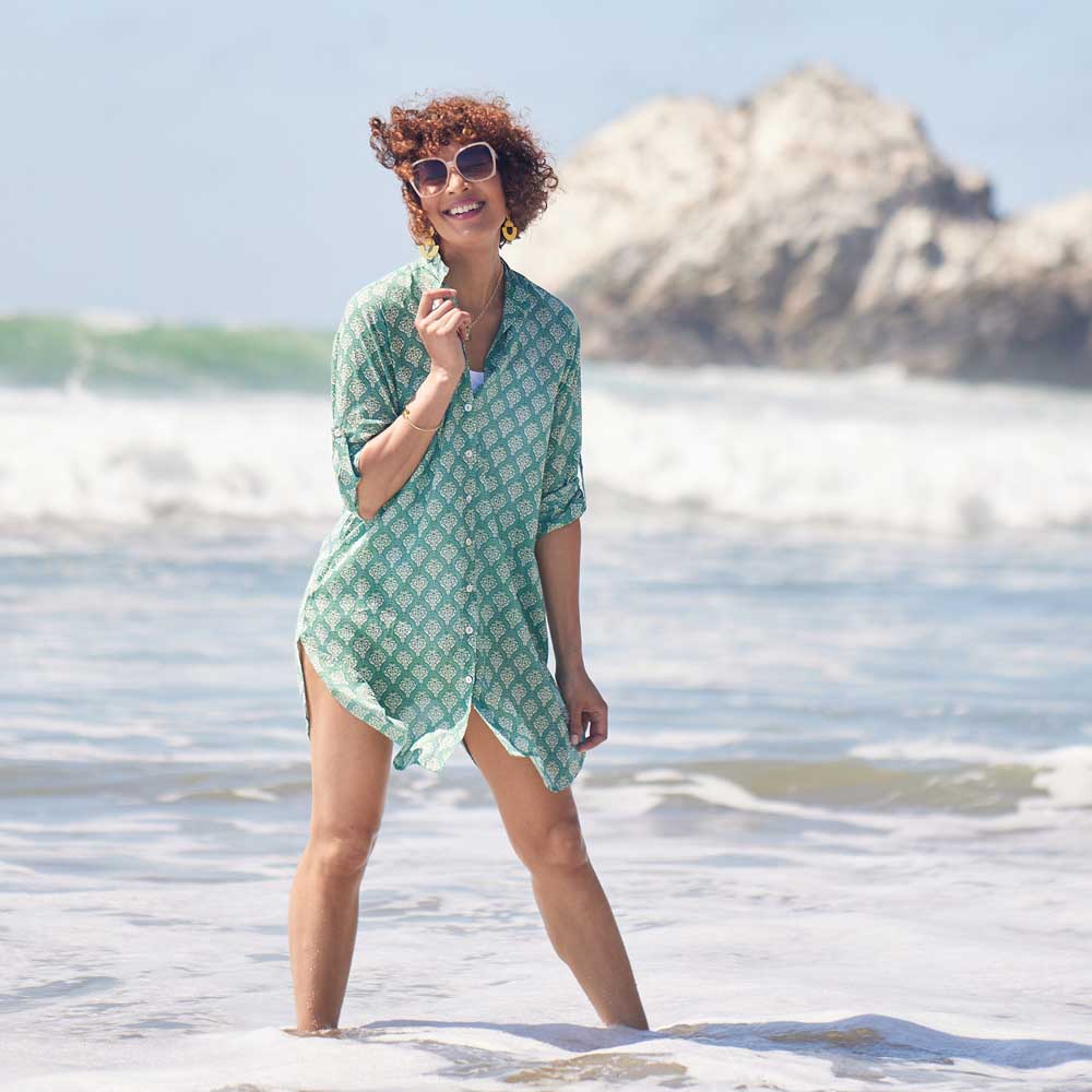 Fifer Blue Green Button Down Beach Tunic Swim Cover Up - rockflowerpaper