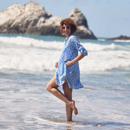 Fifer Blue Button Down Beach Tunic Swim Cover Up - rockflowerpaper