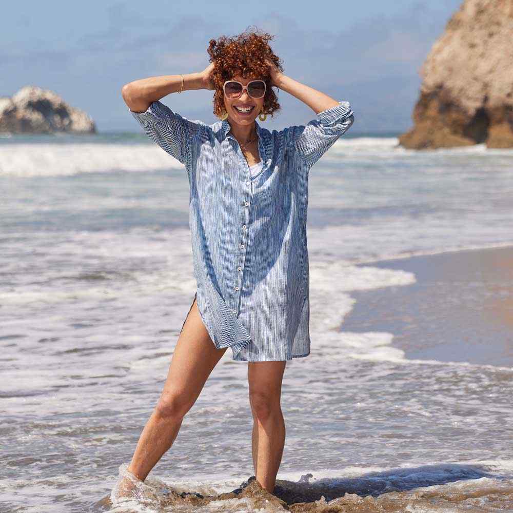 Suri Navy Button Down Beach Tunic Swim Cover Up - rockflowerpaper