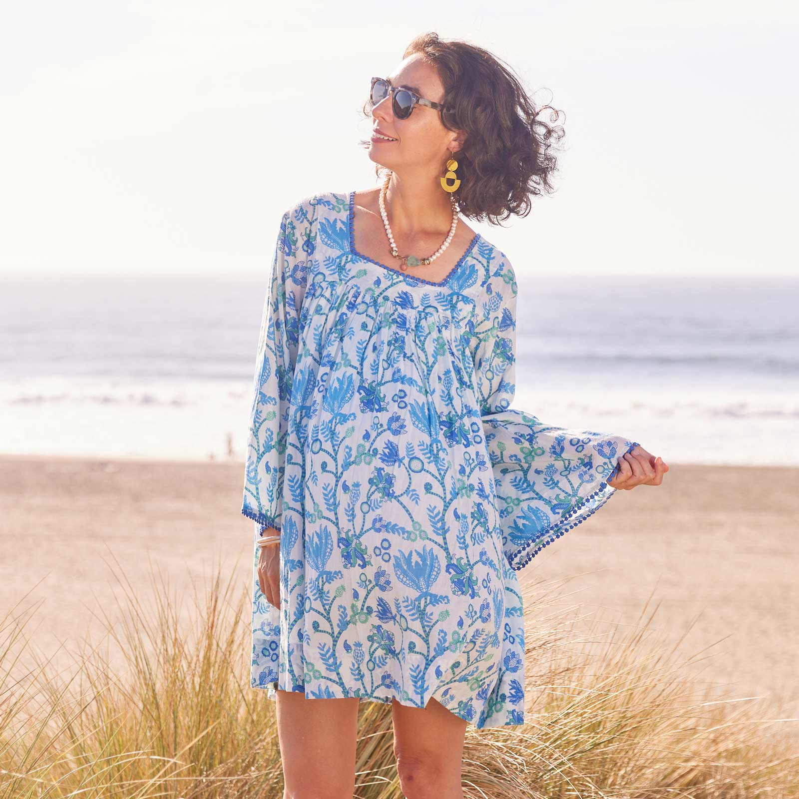 Gemma Ocean Cotton Dress with Bell Sleeve