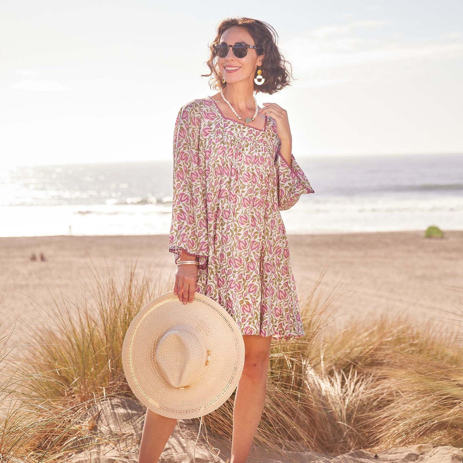 Scarlet Pink Cotton Dress with Bell Sleeve