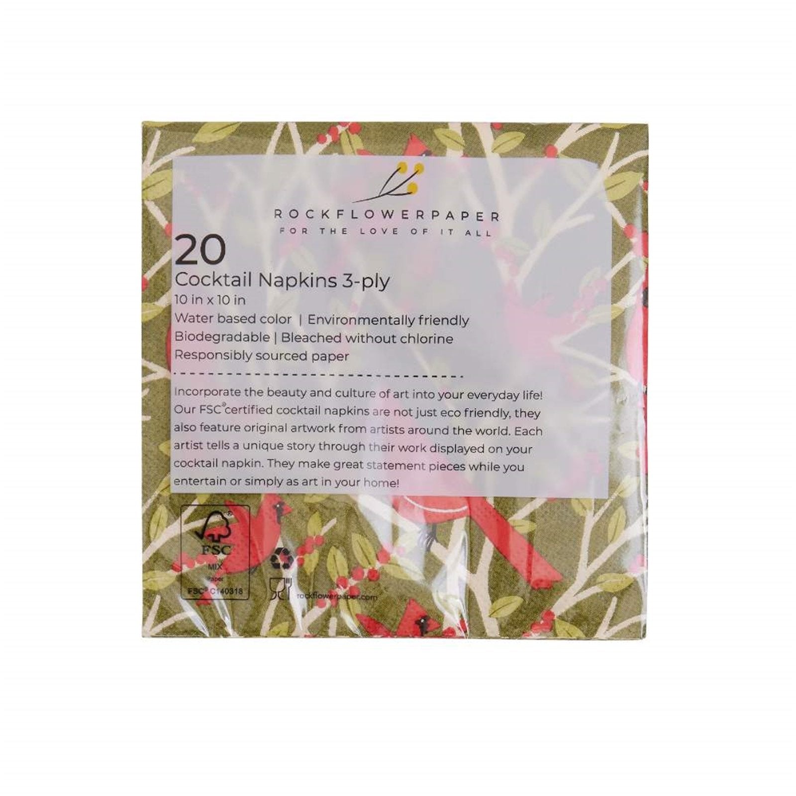 Red Cardinal Paper Cocktail Napkins (Pack of 20) Paper Cocktail Napkin - rockflowerpaper