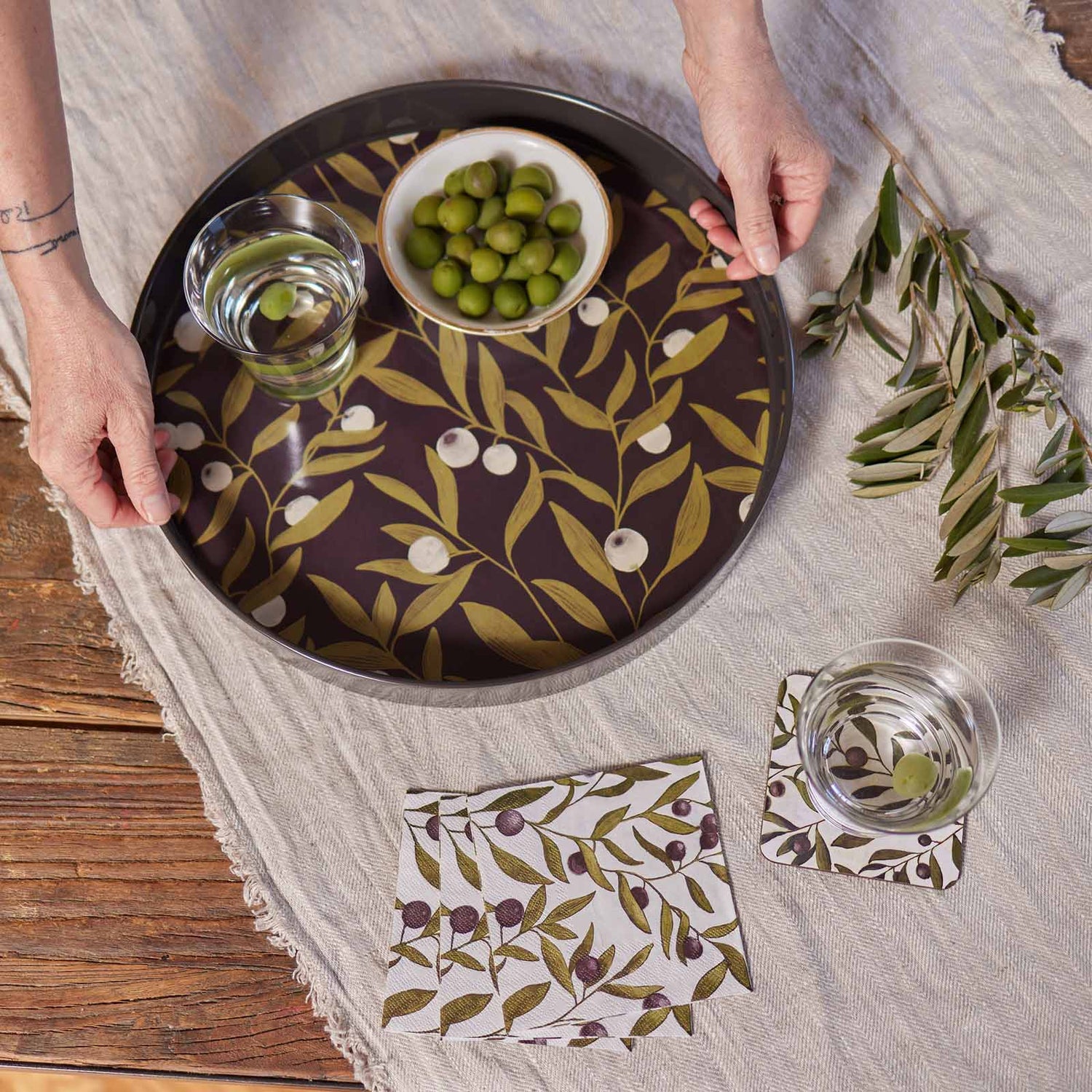 Olive Time 15 Inch Round Tray Tray - rockflowerpaper