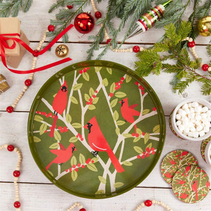 Cardinal Round Tray - 15 Inch Festive Design Tray - rockflowerpaper