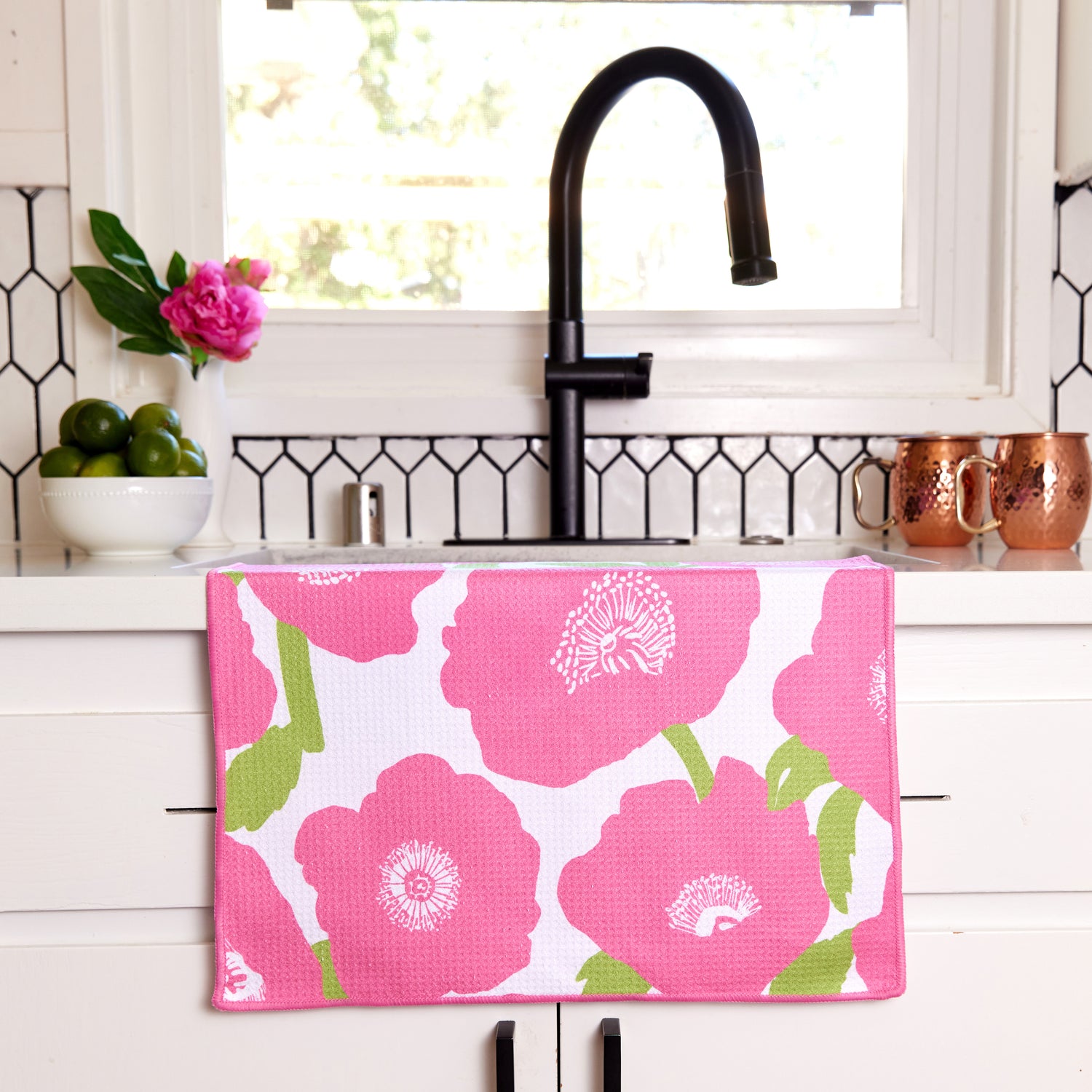Pink Poppies blu Kitchen Tea Towel-Double Side Printed Kitchen Towel - rockflowerpaper