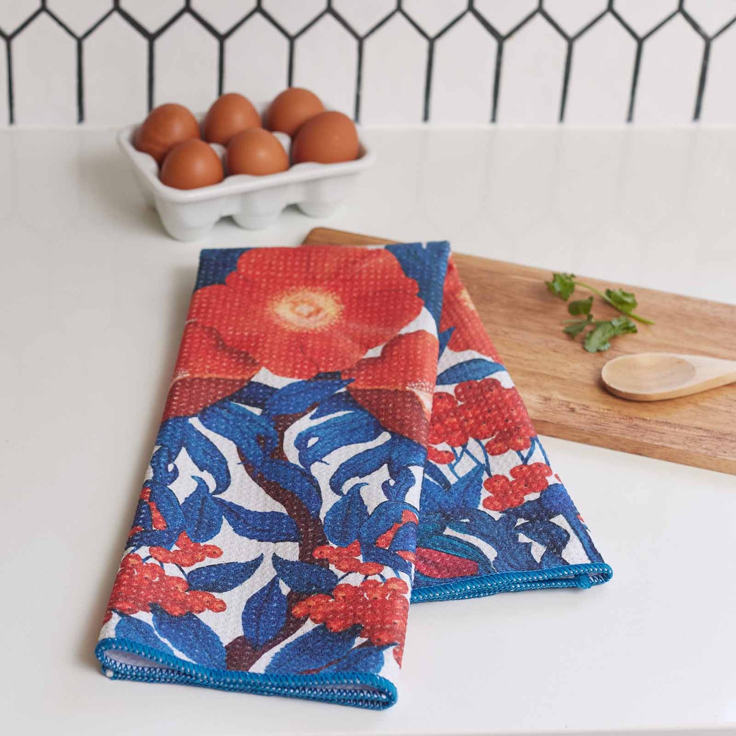 Poppies Red blu Kitchen Tea Towel