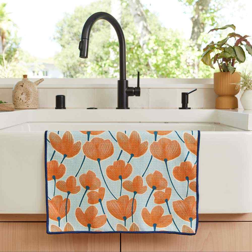 Modern Poppy Orange blu Kitchen Tea Towel-Double Side Printed Kitchen Towel - rockflowerpaper