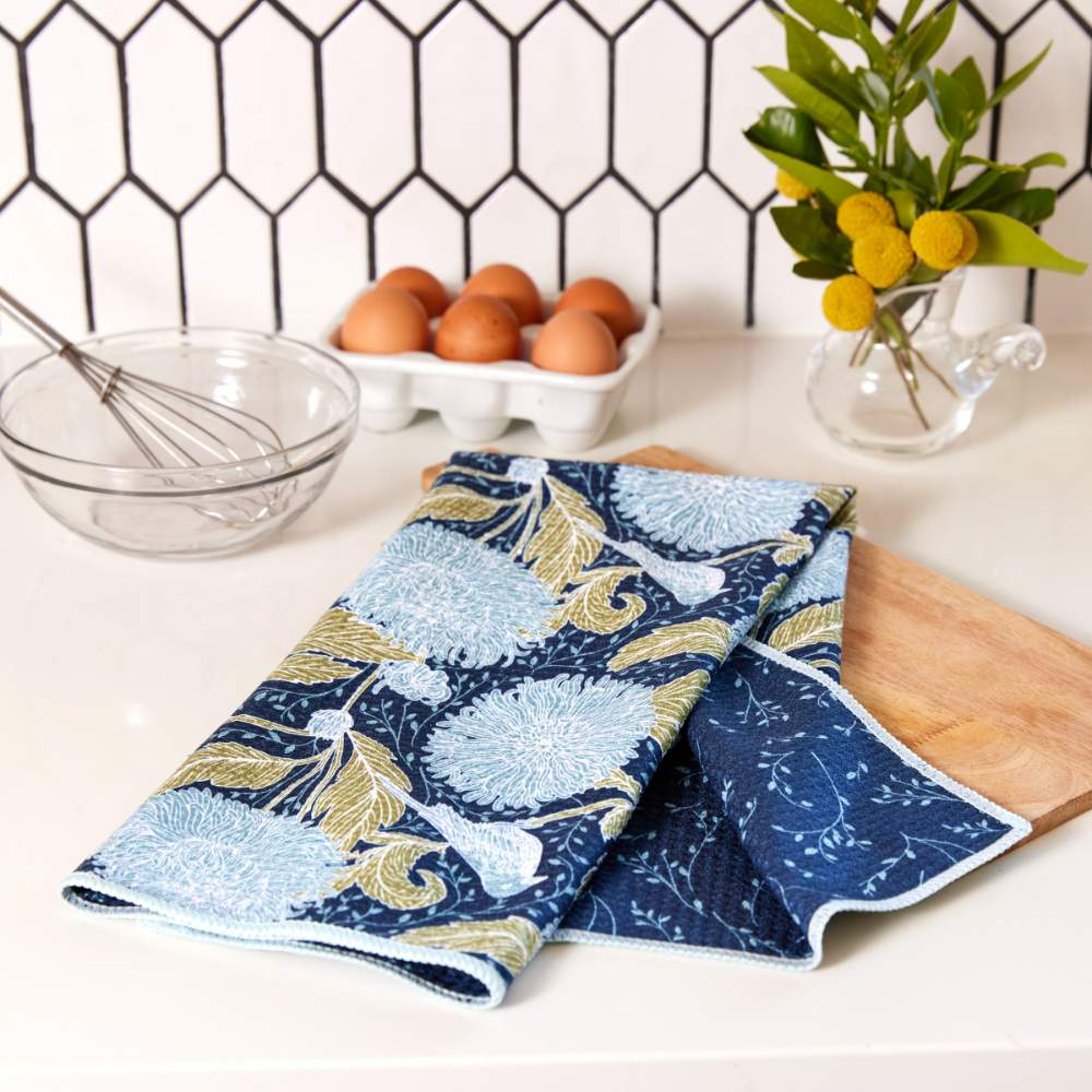 Chrysanthemum Bird blu Kitchen Tea Towel-DBL Kitchen Towel - rockflowerpaper