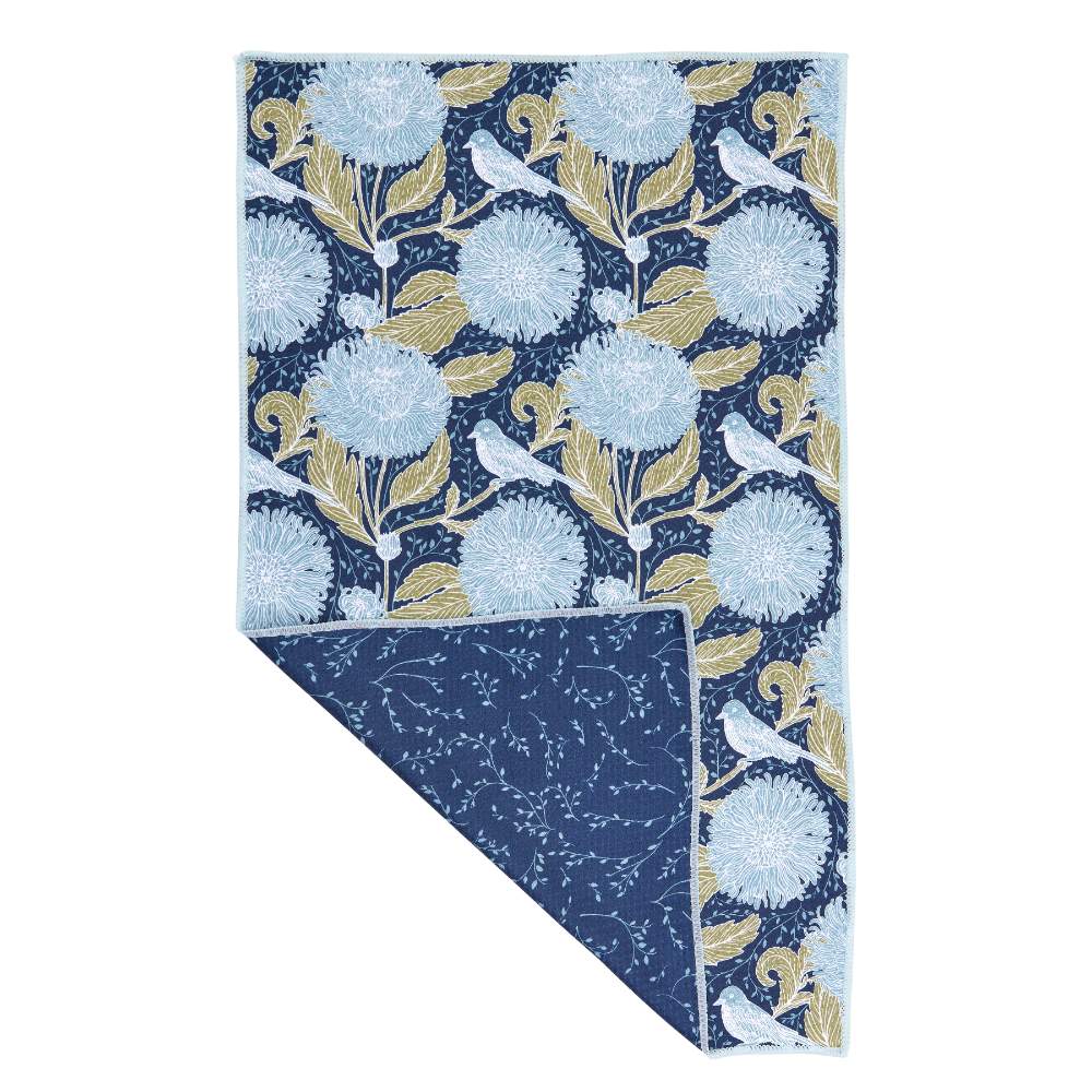 Chrysanthemum Bird blu Kitchen Tea Towel- Double-Sided Print Kitchen Towel - rockflowerpaper