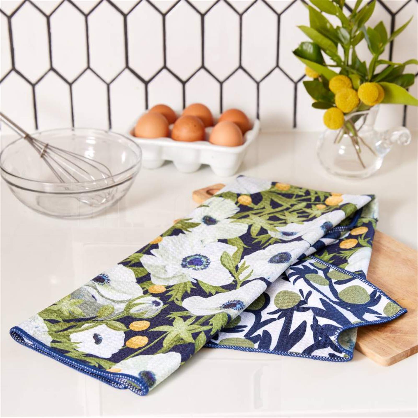 Anemone Poppy blu Kitchen Tea Towel-Double-Sided Print Kitchen Towel - rockflowerpaper