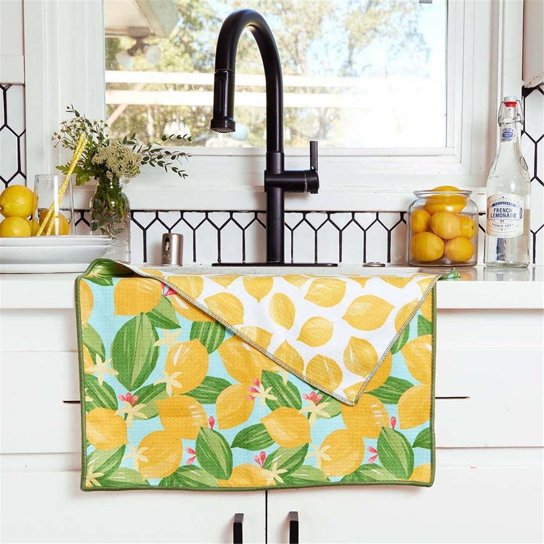 Lemon Blossoms blu Kitchen Tea Towel-Double-Sided Print Kitchen Towel - rockflowerpaper