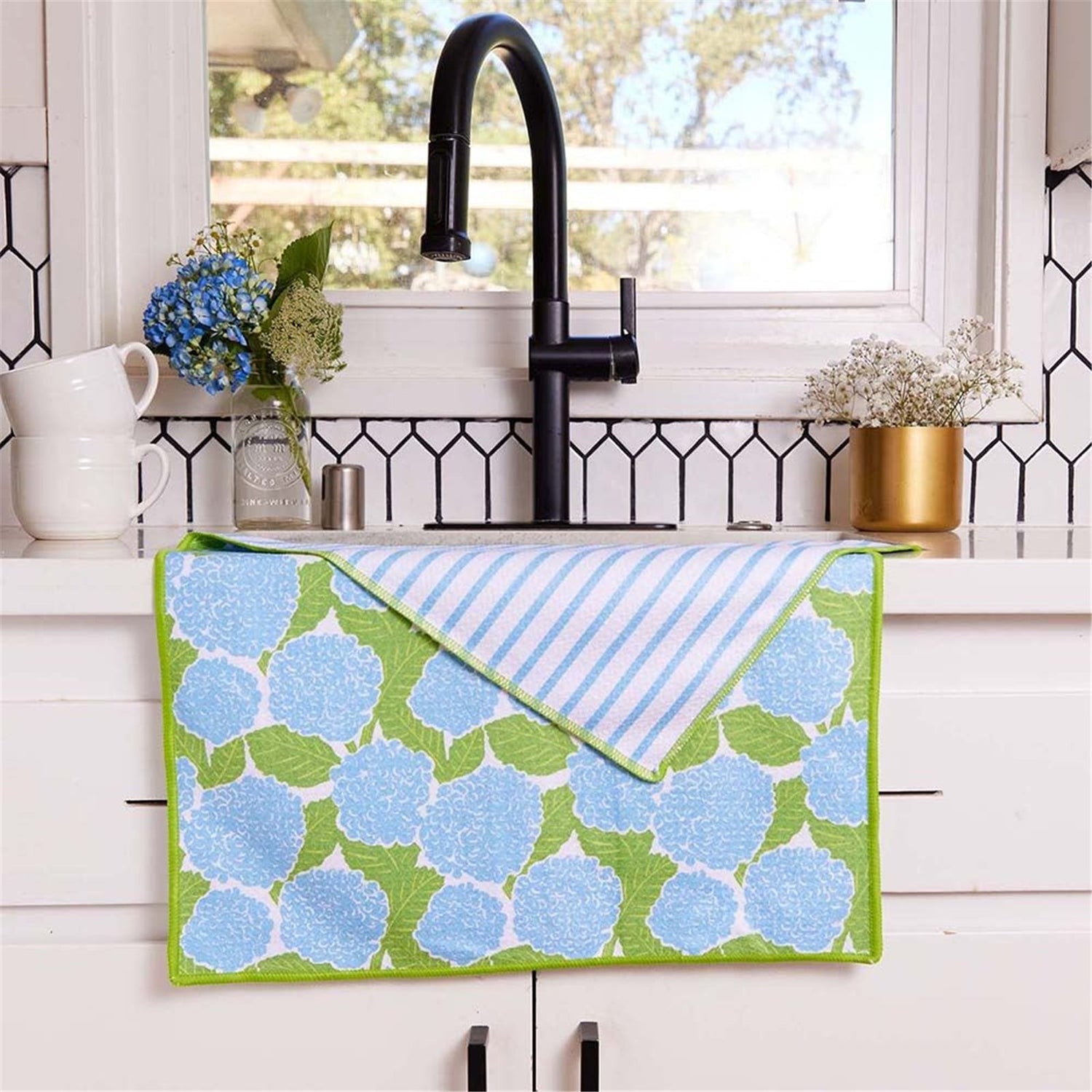 Blue Hydrangea blu Kitchen Tea Towel-Double-Sided Print Kitchen Towel - rockflowerpaper