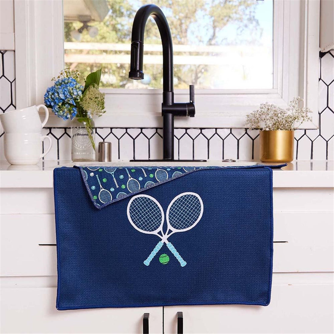 Tennis Solo Navy blu Kitchen Tea Towel-Double-Sided Print Kitchen Towel - rockflowerpaper