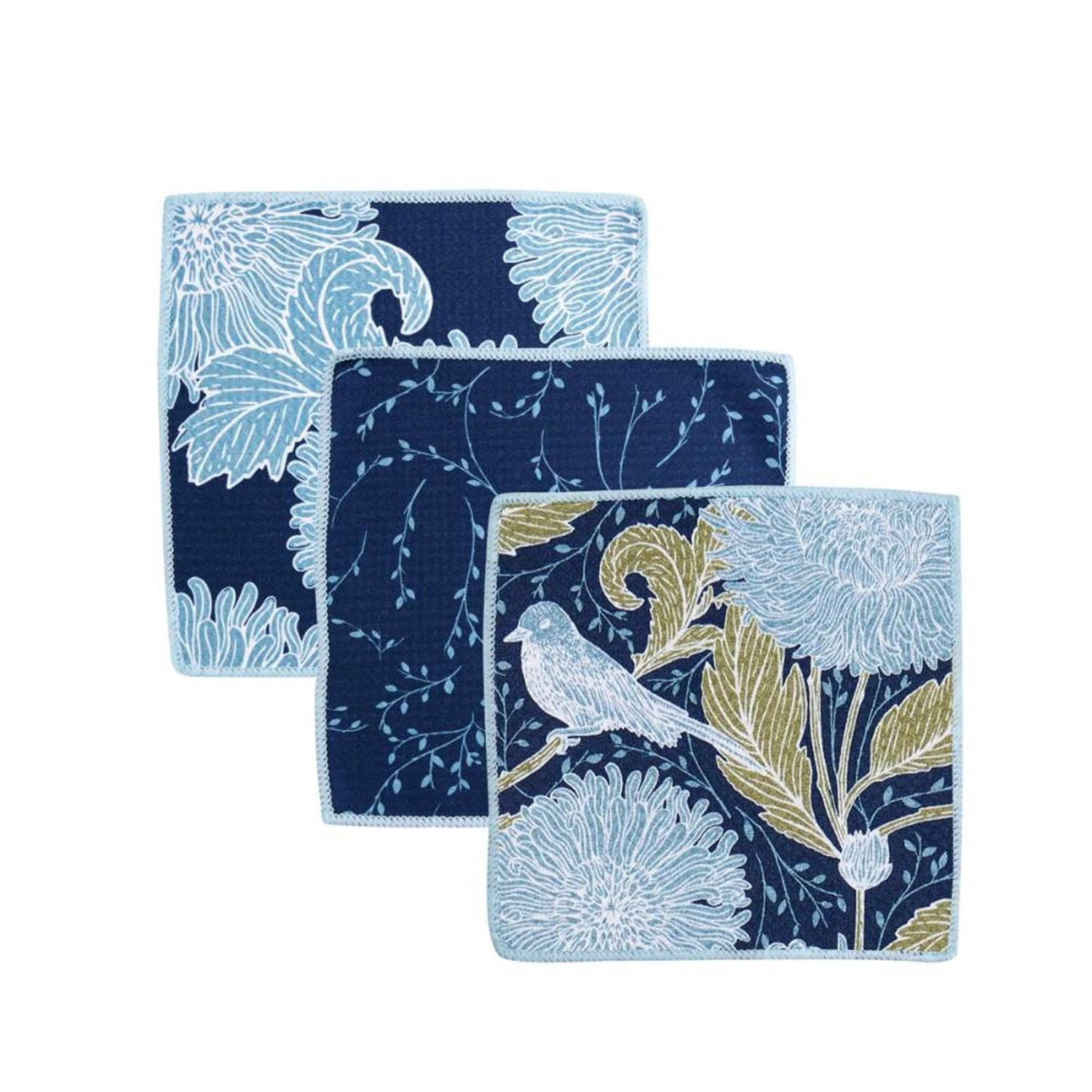 Chrysanthemum blu Dish Cloth Set of 3 Reusable Dish Cloth - rockflowerpaper