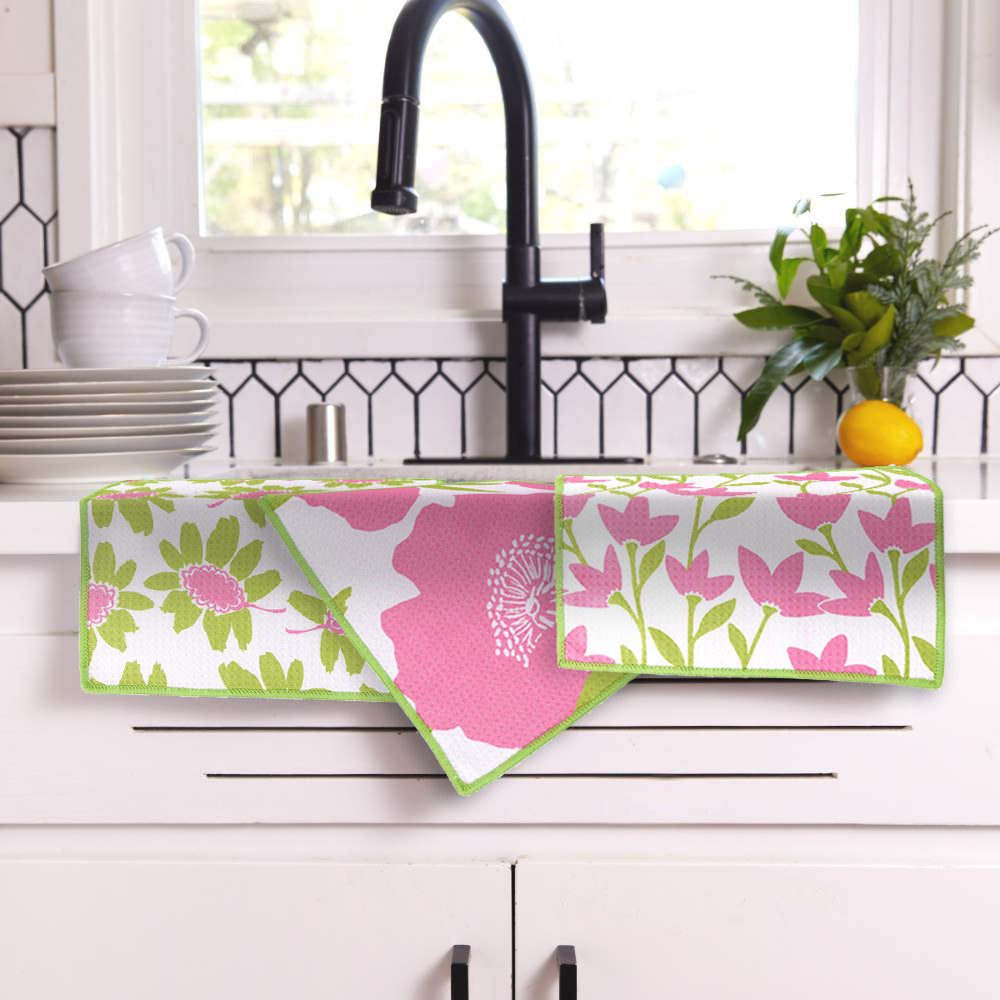 Poppies Pink blu Kitchen Dish Cloths (Set of 3) Reusable Dish Cloth - rockflowerpaper