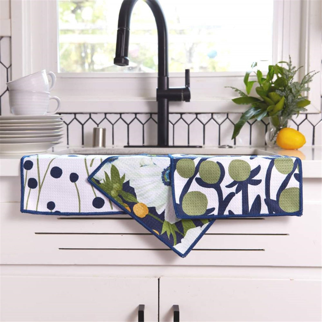Anemone Poppy blu Dish Cloth Set of 3 Reusable Dish Cloth - rockflowerpaper