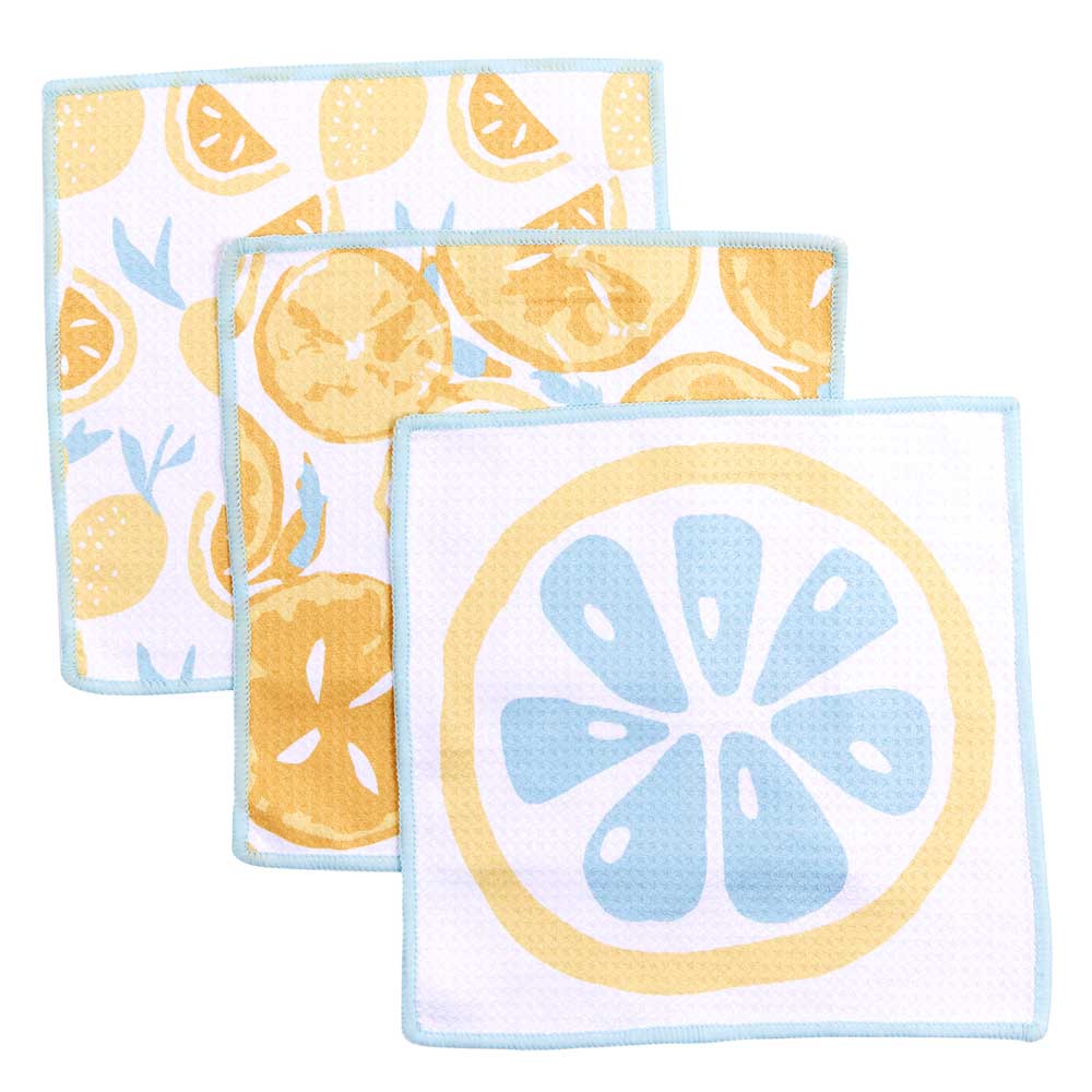 Lemon Slices blu Kitchen Dish Cloths (Set of 3) Reusable Dish Cloth - rockflowerpaper