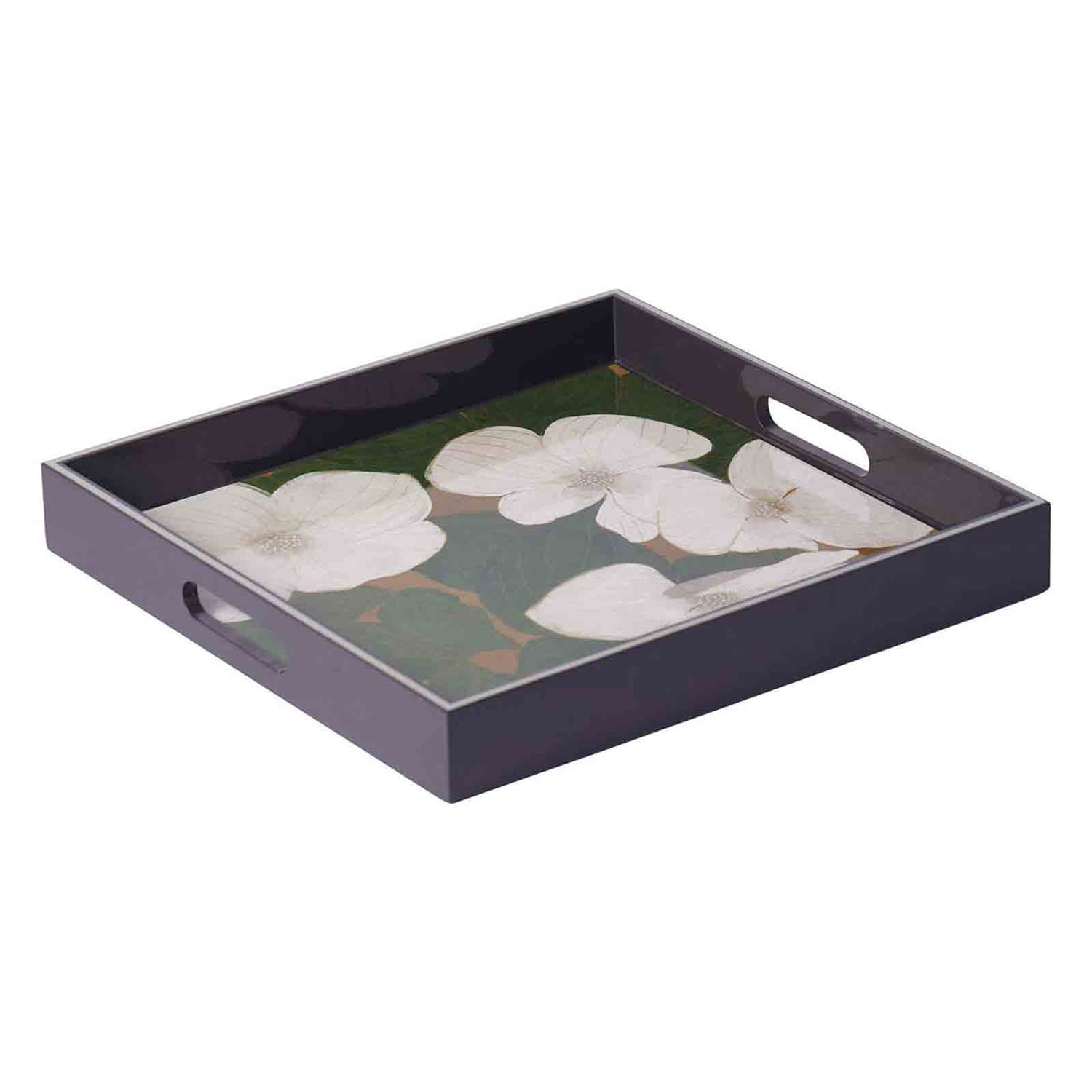 White Dogwood 15&quot; Square Lacquer Art Serving Tray Tray - rockflowerpaper