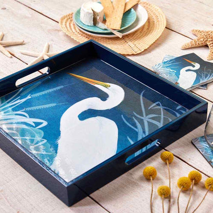 Night Egret 15&quot; Square Lacquer Art Serving Tray Tray - rockflowerpaper
